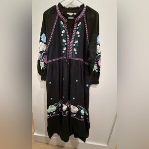 Black Embroidered Floral Midi Dress with Pastel Accents